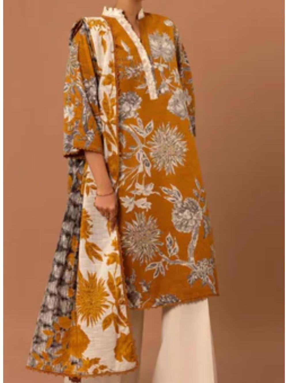 SANA SAFINAZ brown yellow cream floral shirt and Dupatta sz L